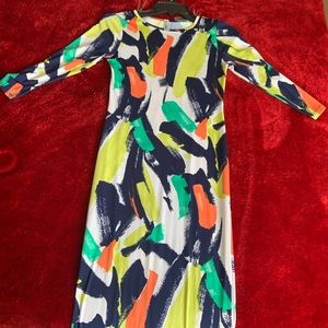 Fun “Painted” Multi Color quarter sleeve dress.